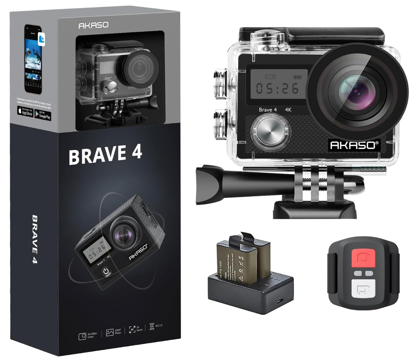 AKASO Brave 4 Action Cam | 4K 20MP 30fps WiFi Unterwasserkamera Wasserdicht