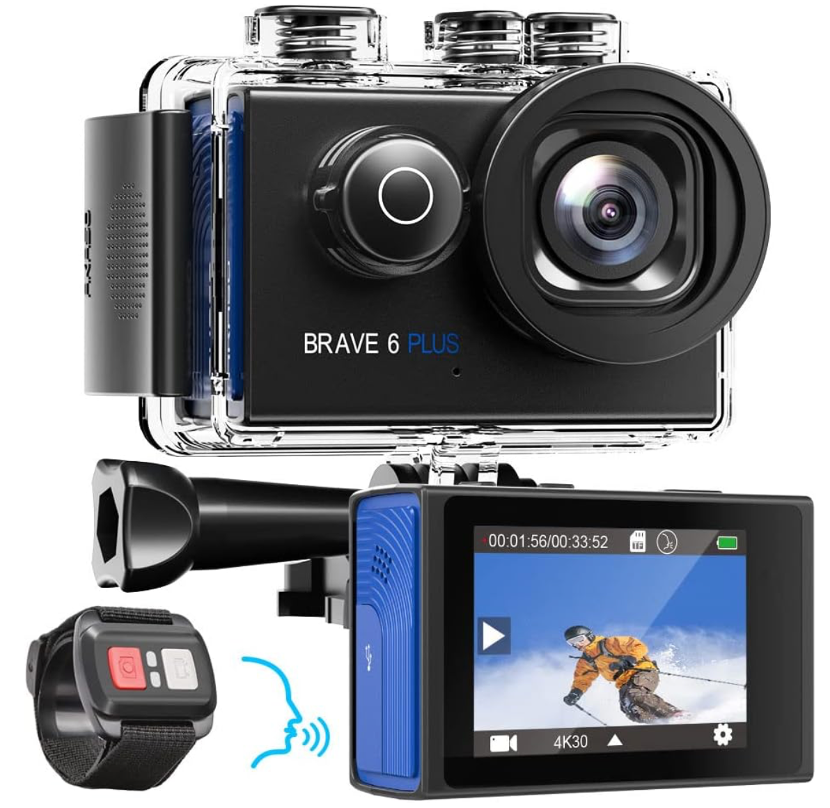 AKASO Brave 6 Plus Action Cam 4K30FPS 20MP WiFi Action Camera with Touchscreen EIS 4X Zoom Remote Control 40 m Underwater Camera with 2 x 1350 mAh Batteries and Helmet Accessories Kit