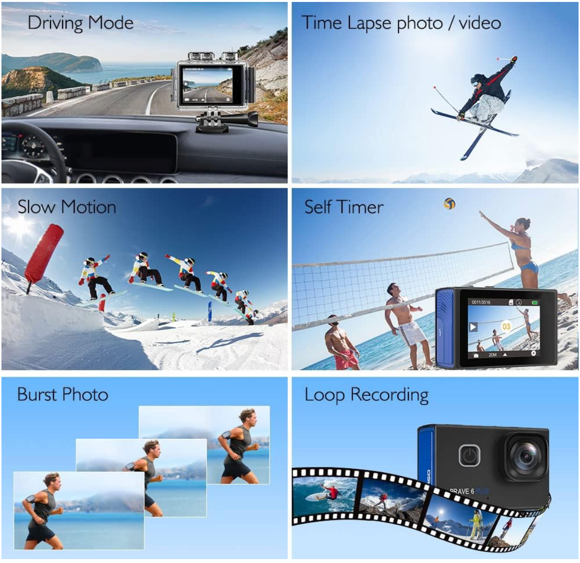 AKASO Brave 6 Plus Action Cam 4K30FPS 20MP WiFi Action Camera with Touchscreen EIS 4X Zoom Remote Control 40 m Underwater Camera with 2 x 1350 mAh Batteries and Helmet Accessories Kit