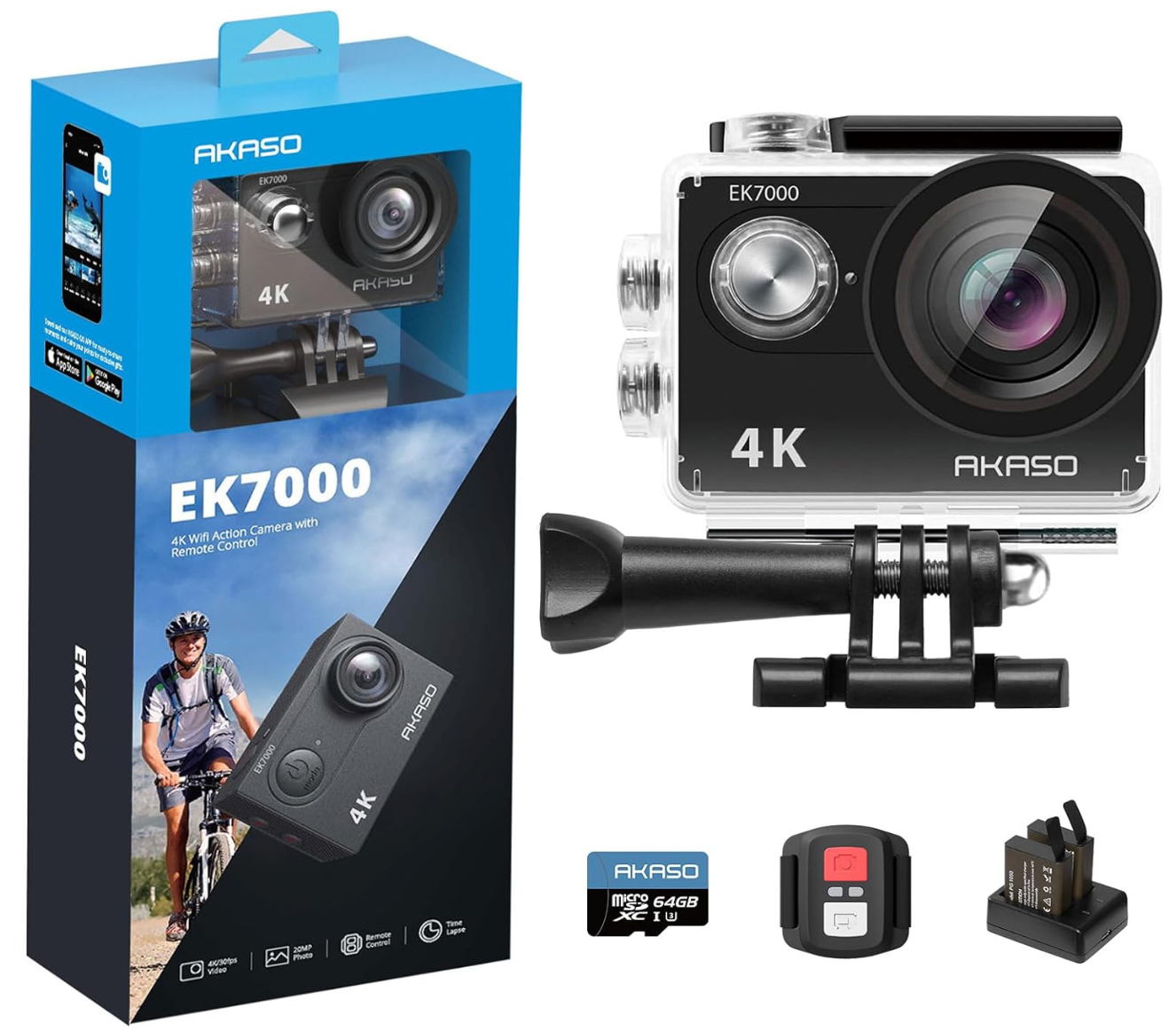 AKASO EK7000 Pro Action Cam 4K 20MP WiFi 40M Underwater Camera Waterproof Ultra HD Touchscreen Adjustable Wide Angle Ice Action Cam with 2.4G Remote Control and 25 Accessories Kit