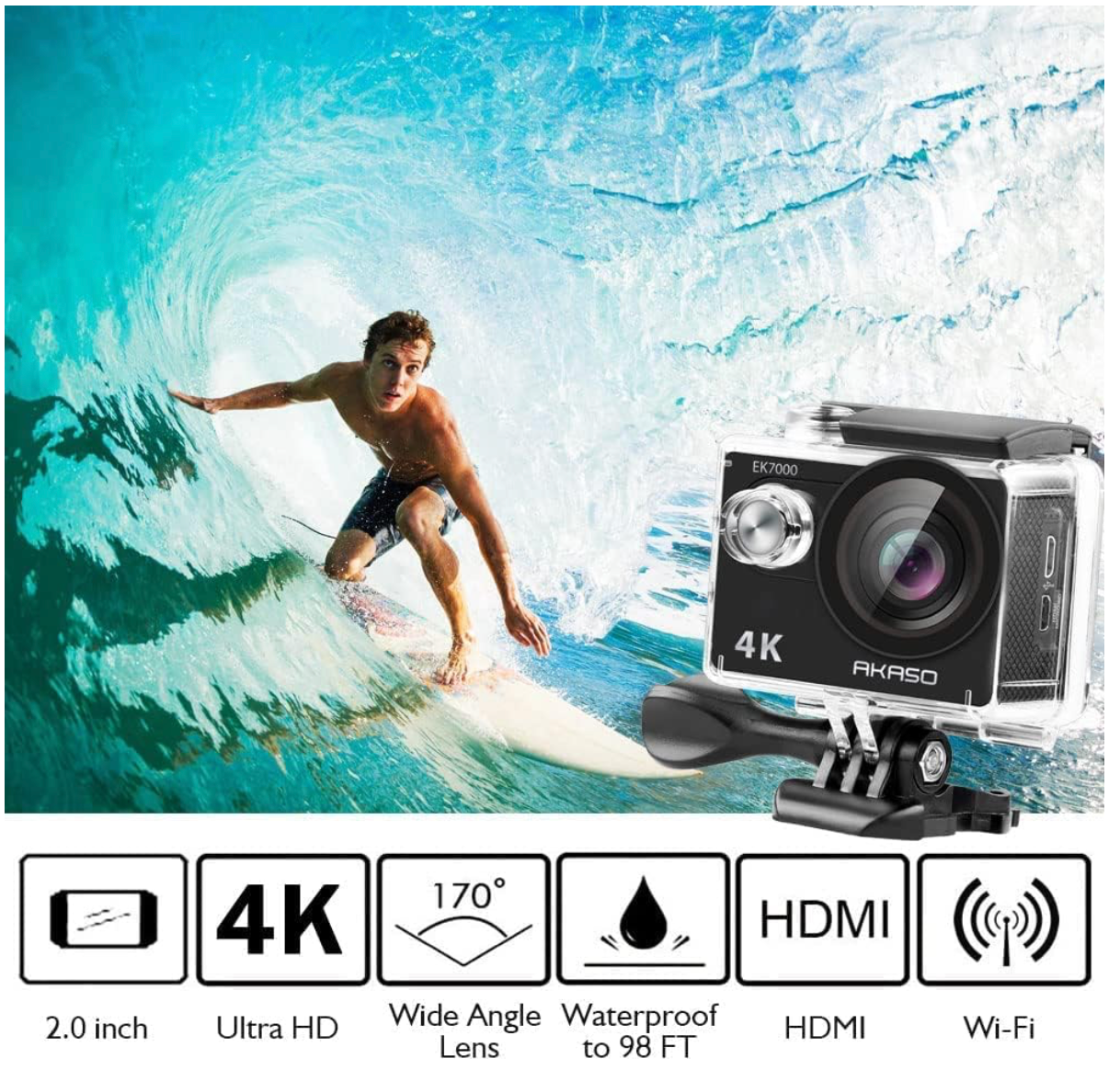 AKASO EK7000 Pro Action Cam 4K 20MP WiFi 40M Underwater Camera Waterproof Ultra HD Touchscreen Adjustable Wide Angle Ice Action Cam with 2.4G Remote Control and 25 Accessories Kit