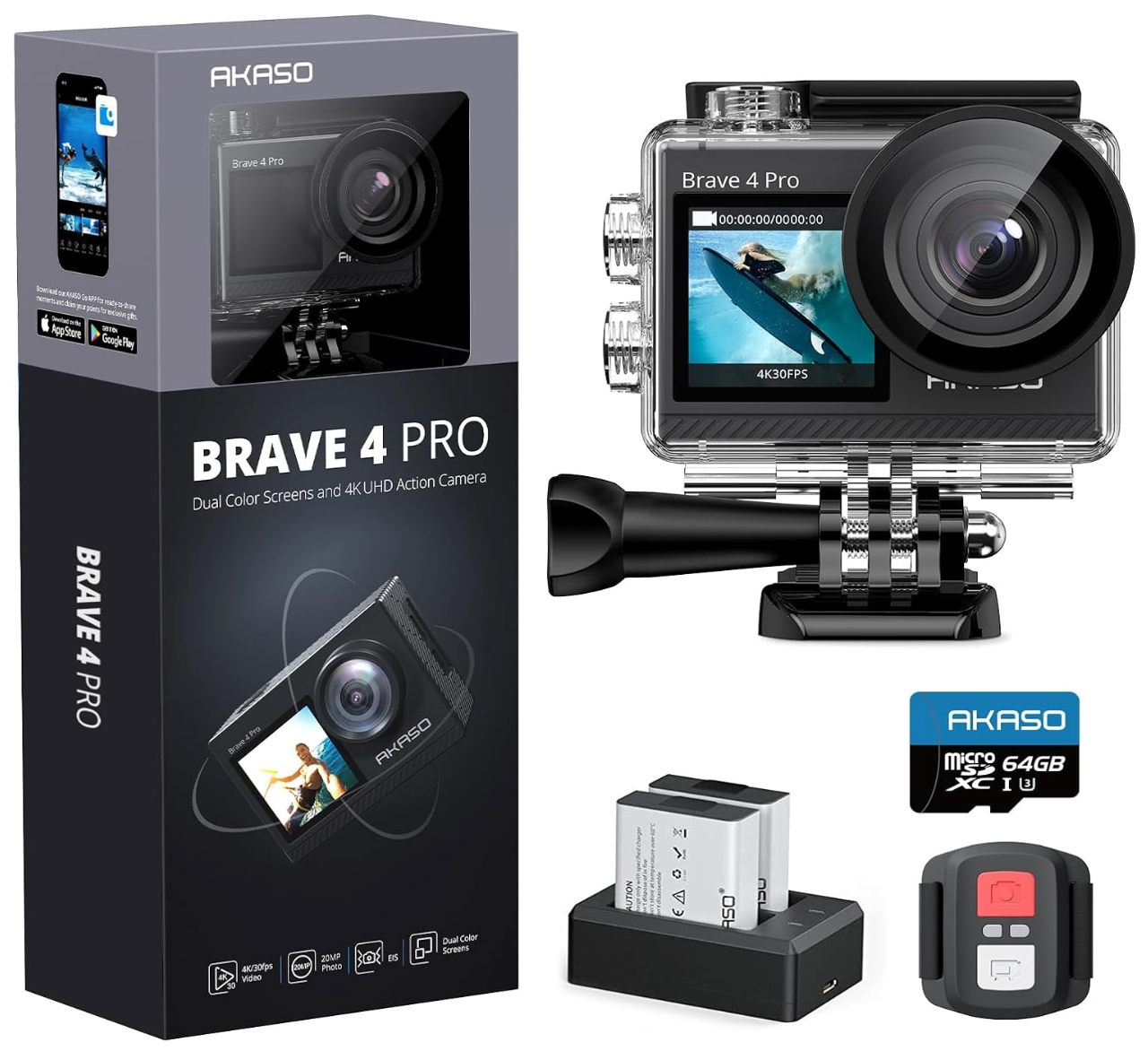 AKASO Brave 4 Pro Action Cam 4K30FPS 20MP with 64GB U3 Memory Card 40M Underwater Camera Ultra HD Touchscreen 170° Wide Angle Ice Stabilisation 5X Zoom, 2.4G Remote Control and 2 Batteries 1350mAh