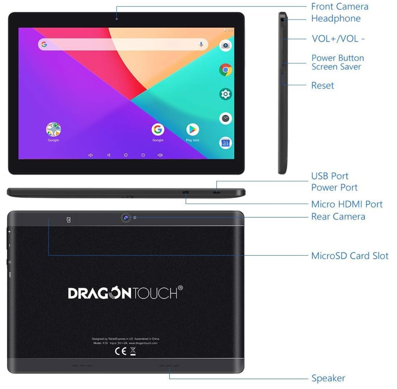 Dragon Touch K10 Android Tablet 10", 2 GB RAM 16 GB ROM, 128 GB, CPU MTK8163 Quad Core Cortex-A53 64-bit, 1.3 GHz, 1280 x 800 resolution