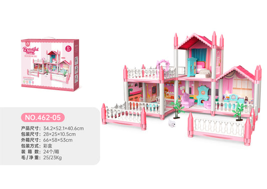 Puppenhaus Schloss, mehrstöckiges Möbelzubehör, rosafarbenes DIY Spielhaus
